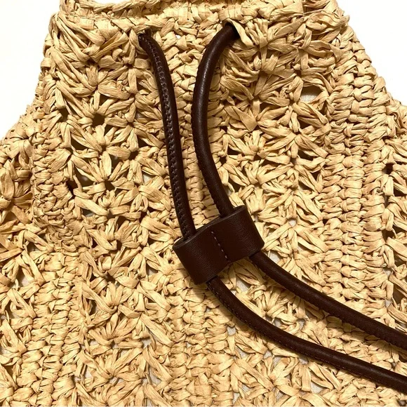 Zara Woven Raffia Straw Drawstring Backpack Tote Bag Neutral - Picture 6 of 15